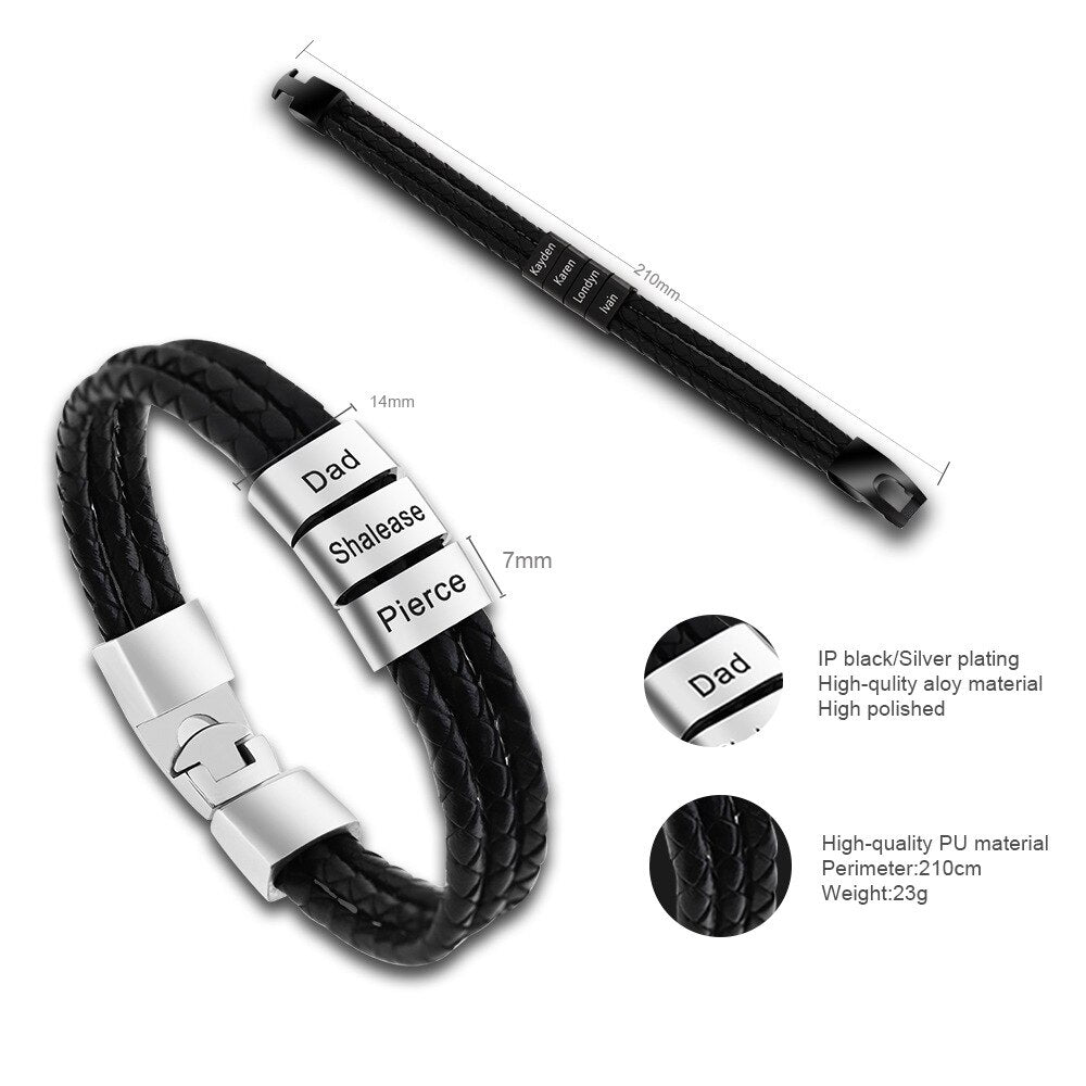 PolishedPlus Customized Personalized Stainless Steel Braided Rope Bracelet Custom Names Men Bracelet Steel Black Beads Colors
