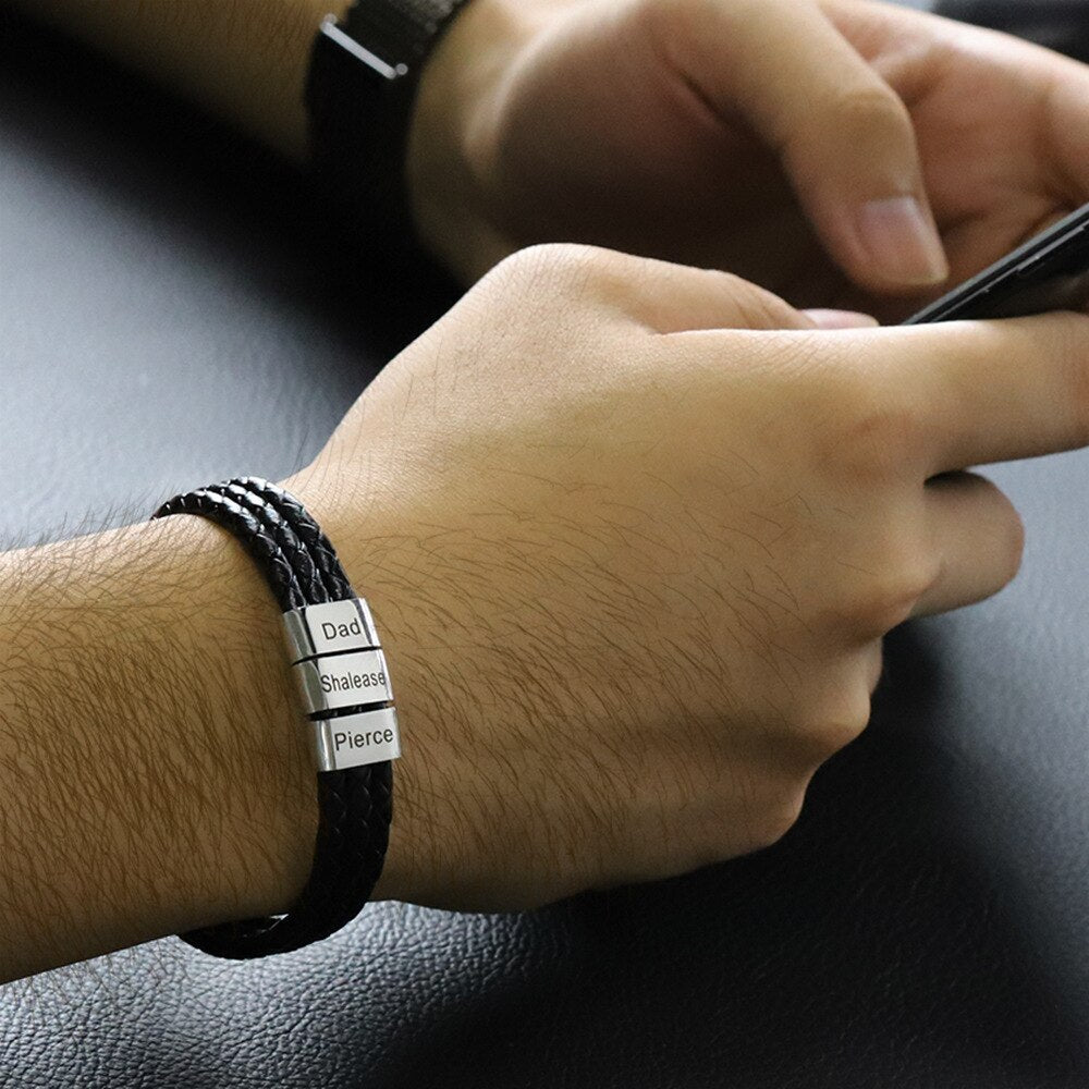 PolishedPlus Customized Personalized Stainless Steel Braided Rope Bracelet Custom Names Men Bracelet Steel Black Beads Colors