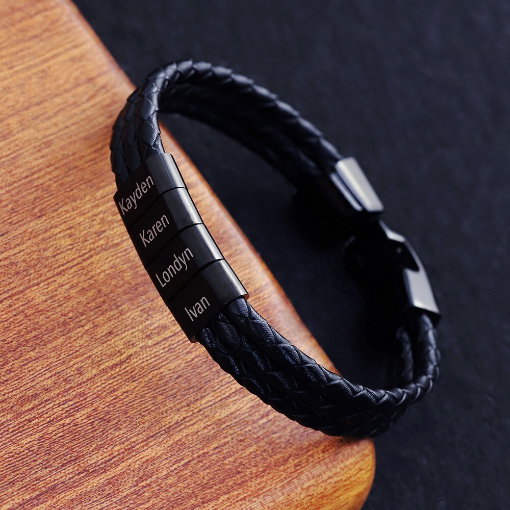 PolishedPlus Customized Personalized Stainless Steel Braided Rope Bracelet Custom Names Men Bracelet Steel Black Beads Colors