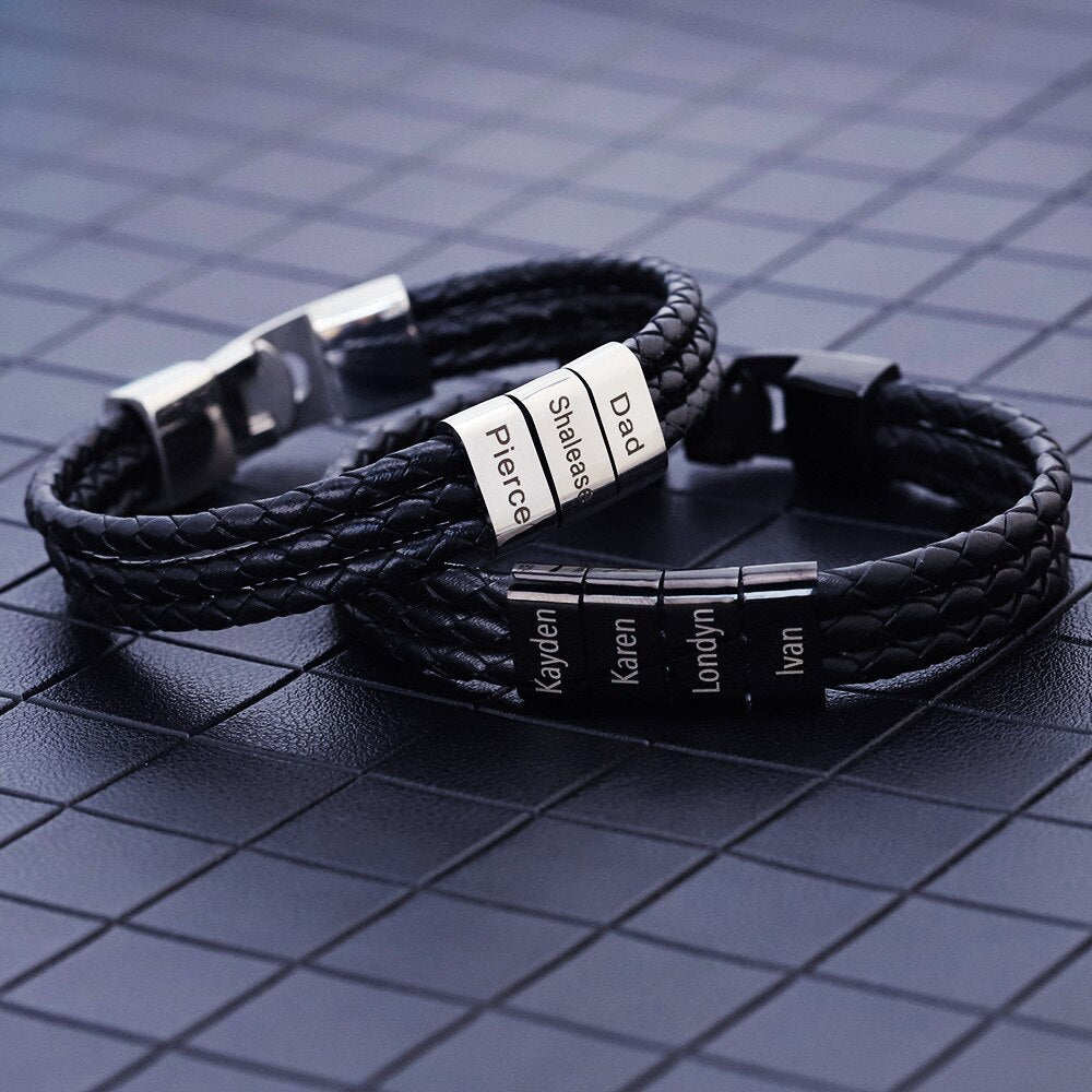 PolishedPlus Customized Personalized Stainless Steel Braided Rope Bracelet Custom Names Men Bracelet Steel Black Beads Colors