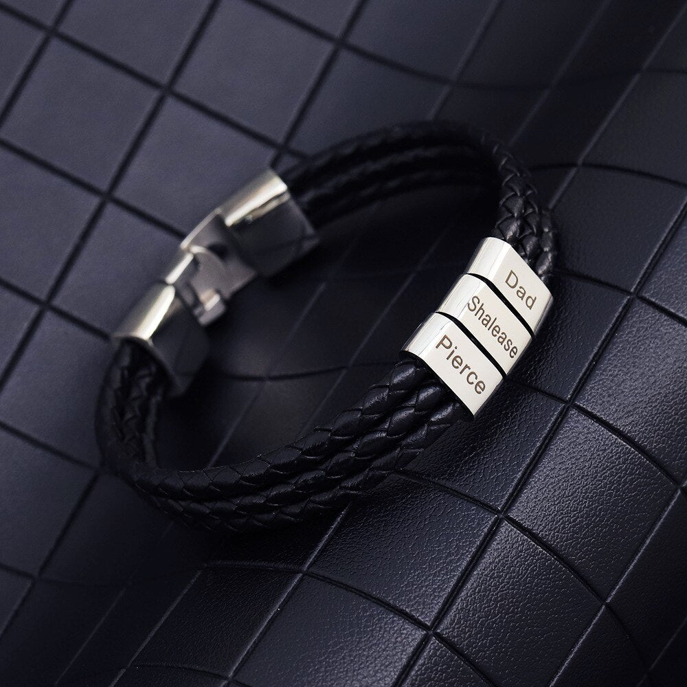 PolishedPlus Customized Personalized Stainless Steel Braided Rope Bracelet Custom Names Men Bracelet Steel Black Beads Colors
