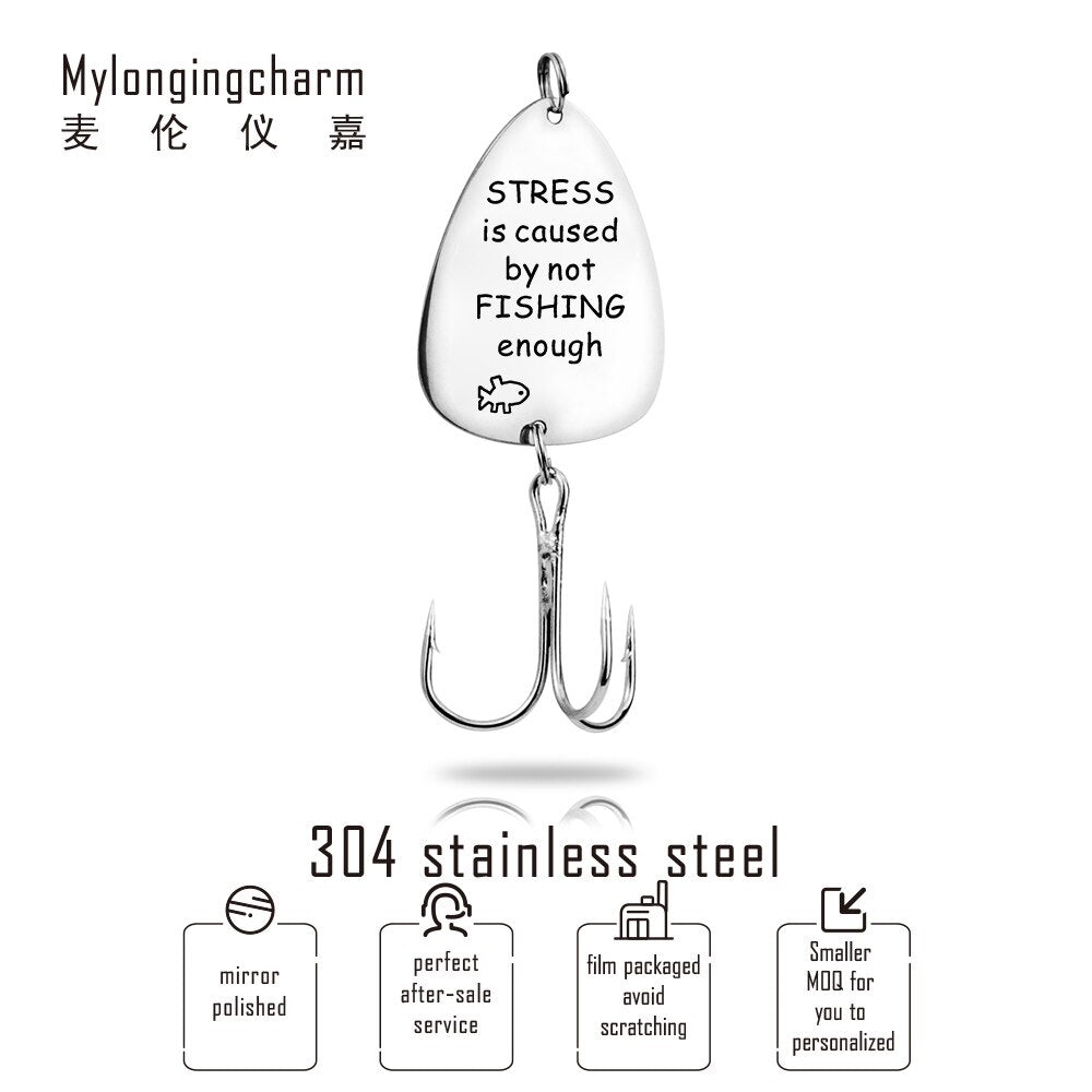 PolishedPlus Customized STRESS is caused by not FISHING fishing lure stainless steel key ring fish hook Father's Day gift