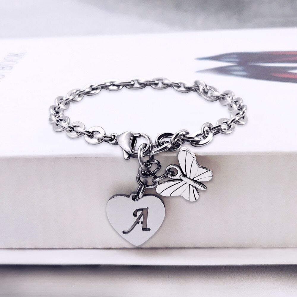 PolishedPlus Customized butterfly charm hollow letter bracelet heart pendant bangle