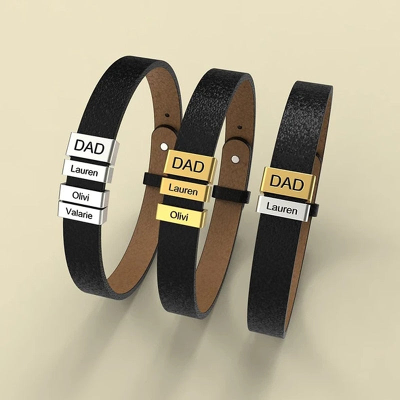 PolishedPlus Customized leather bracelet  for men  stainless steel Engrave Family Name  Id Tag For Dad Father's Day Gift