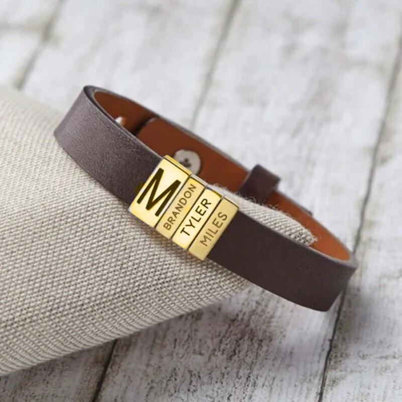 PolishedPlus Customized leather bracelet  for men  stainless steel Engrave Family Name  Id Tag For Dad Father's Day Gift