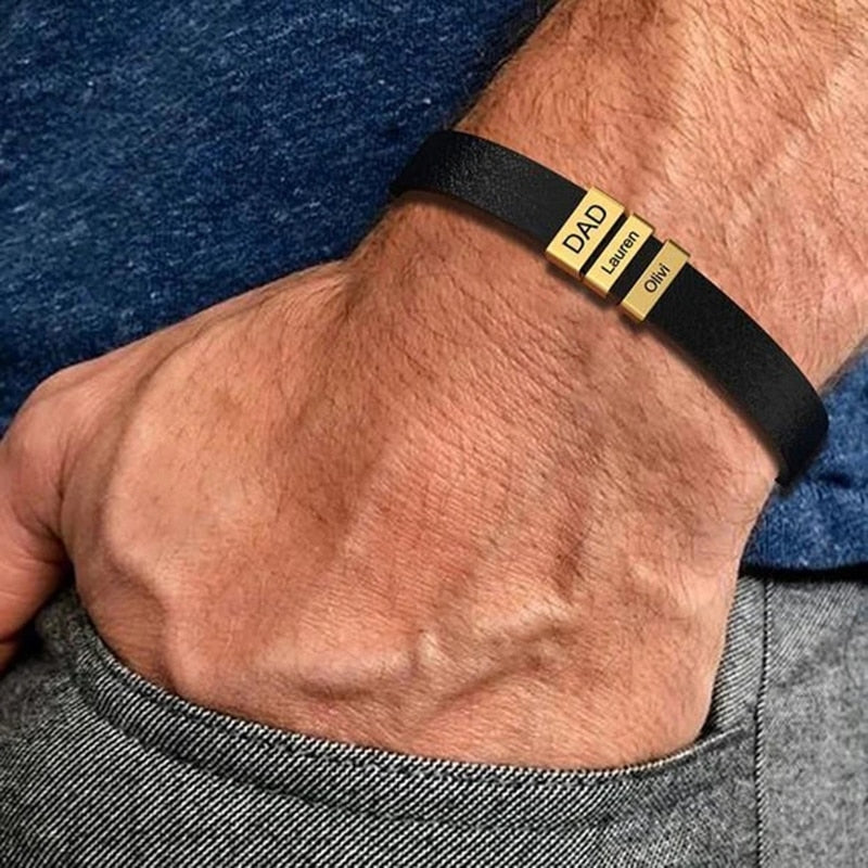 PolishedPlus Customized leather bracelet  for men  stainless steel Engrave Family Name  Id Tag For Dad Father's Day Gift