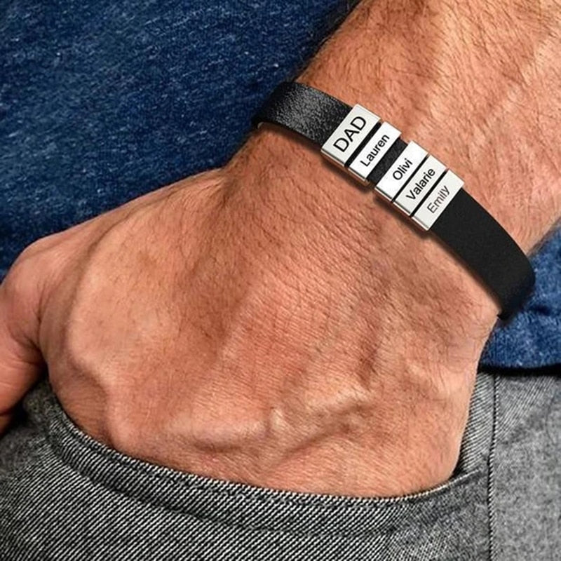 PolishedPlus Customized leather bracelet  for men  stainless steel Engrave Family Name  Id Tag For Dad Father's Day Gift