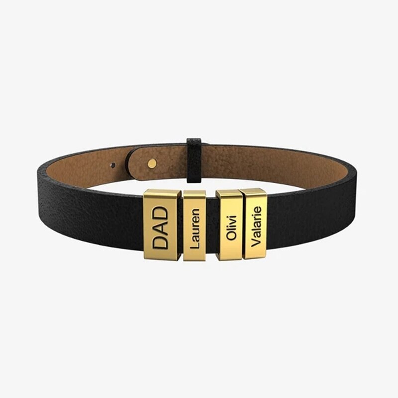 PolishedPlus Customized leather bracelet  for men  stainless steel Engrave Family Name  Id Tag For Dad Father's Day Gift