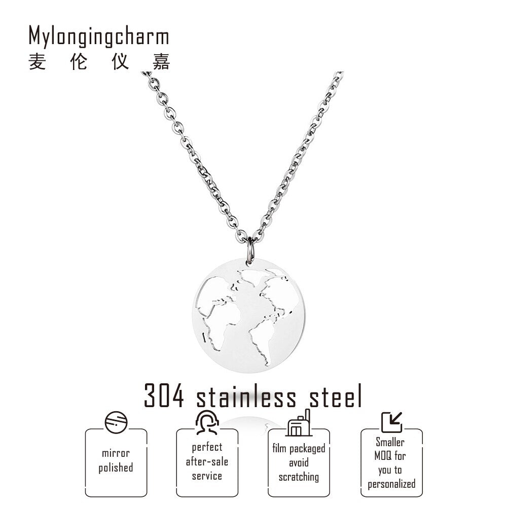 PolishedPlus Customized necklace hollow world map stainless steel travel personalized custom for Women birthday girl gift