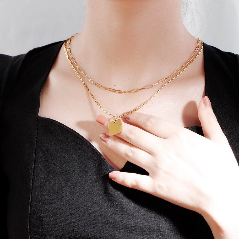 PolishedPlus Square Pendant Vintage Double Layer Necklace Gold chain Women Jewelry Layered Accesories for Girls Gifts