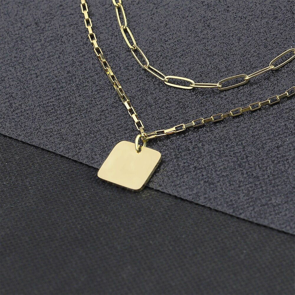 PolishedPlus Square Pendant Vintage Double Layer Necklace Gold chain Women Jewelry Layered Accesories for Girls Gifts