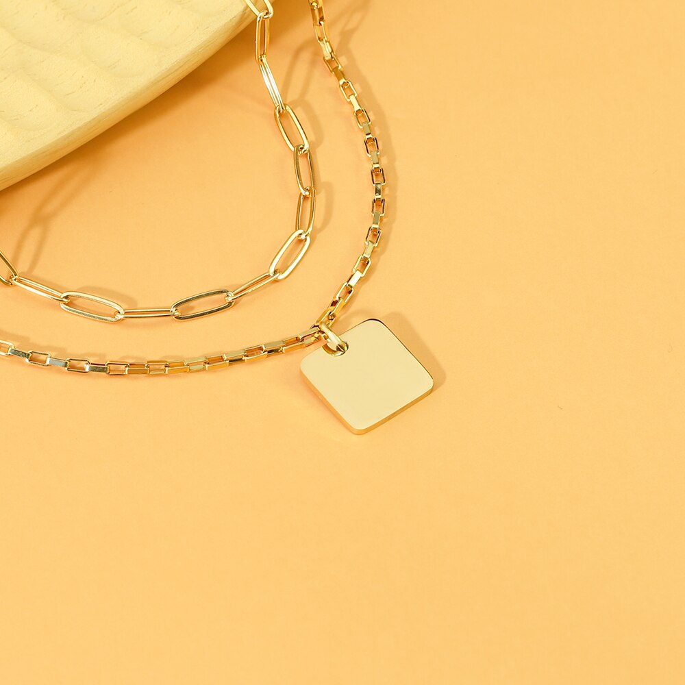 PolishedPlus Square Pendant Vintage Double Layer Necklace Gold chain Women Jewelry Layered Accesories for Girls Gifts