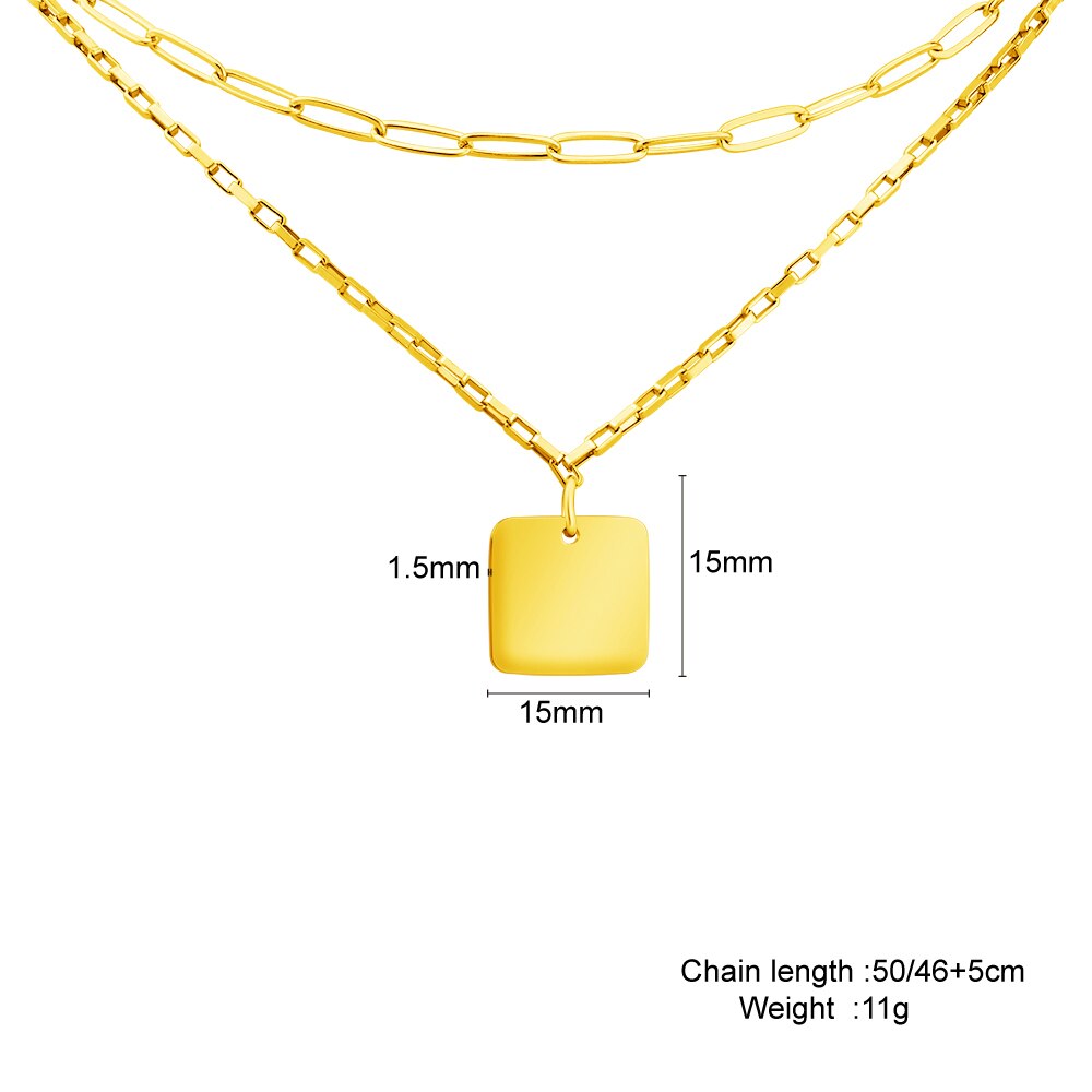 PolishedPlus Square Pendant Vintage Double Layer Necklace Gold chain Women Jewelry Layered Accesories for Girls Gifts