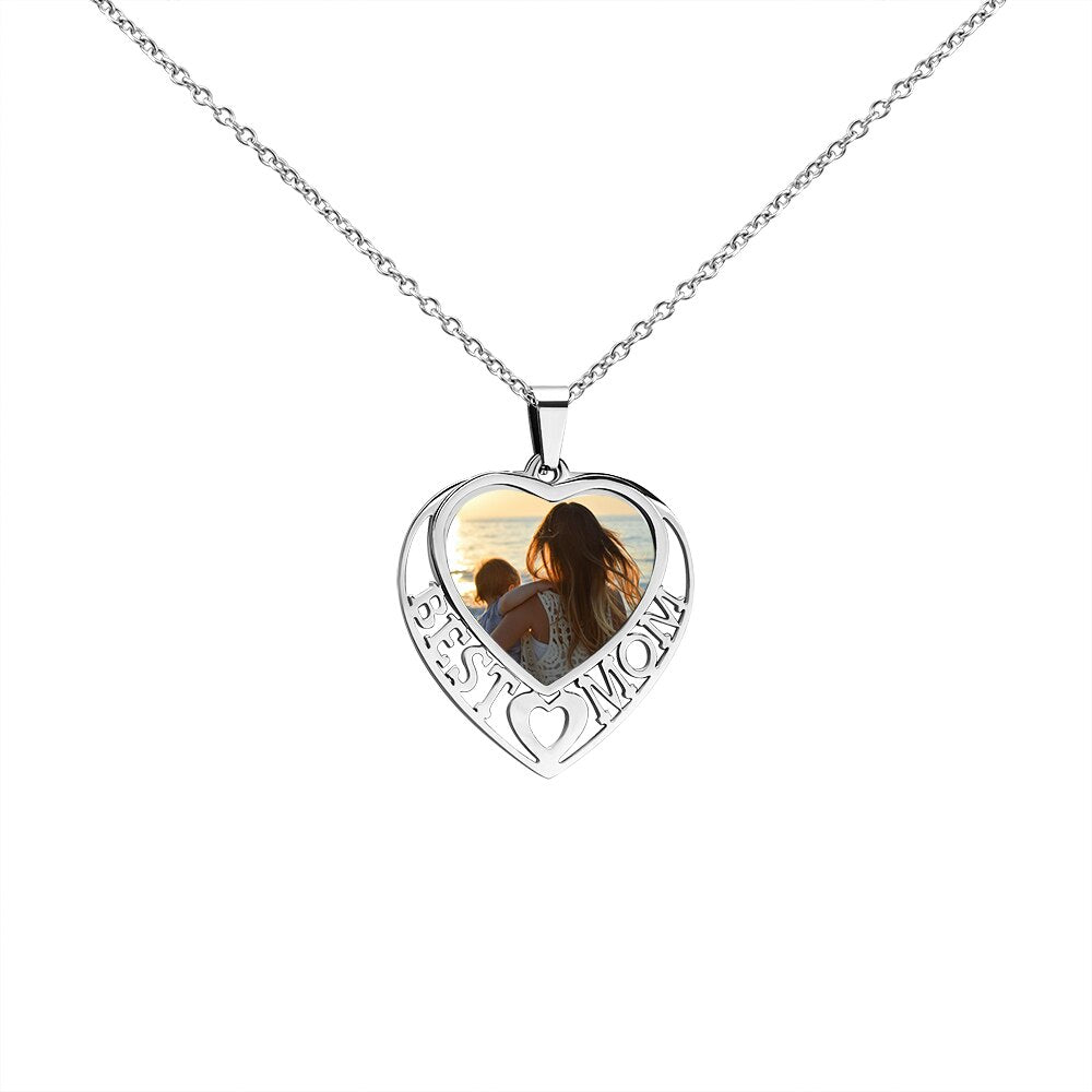 PolishedPlus Hollow MOM Personalized Custom Photo Pendant Heart Shape Charm Necklace For Women Wife Jewelry Gift