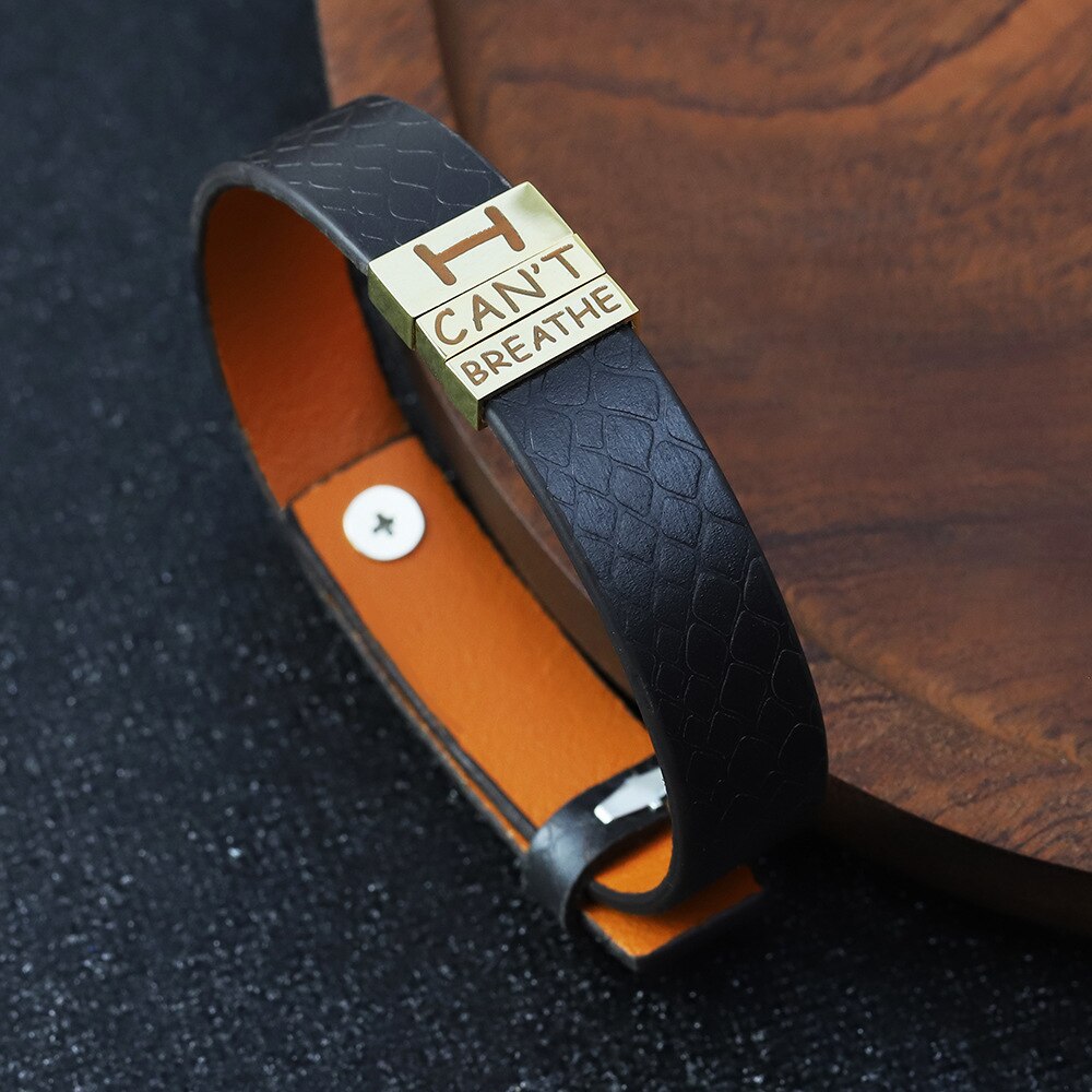 PolishedPlus Leather Bracelet Adjustable Stainless steel Engrave I can&amp;#39;t breath Tag Bangle For Men Boyfriend Trendy Jewelry Gift