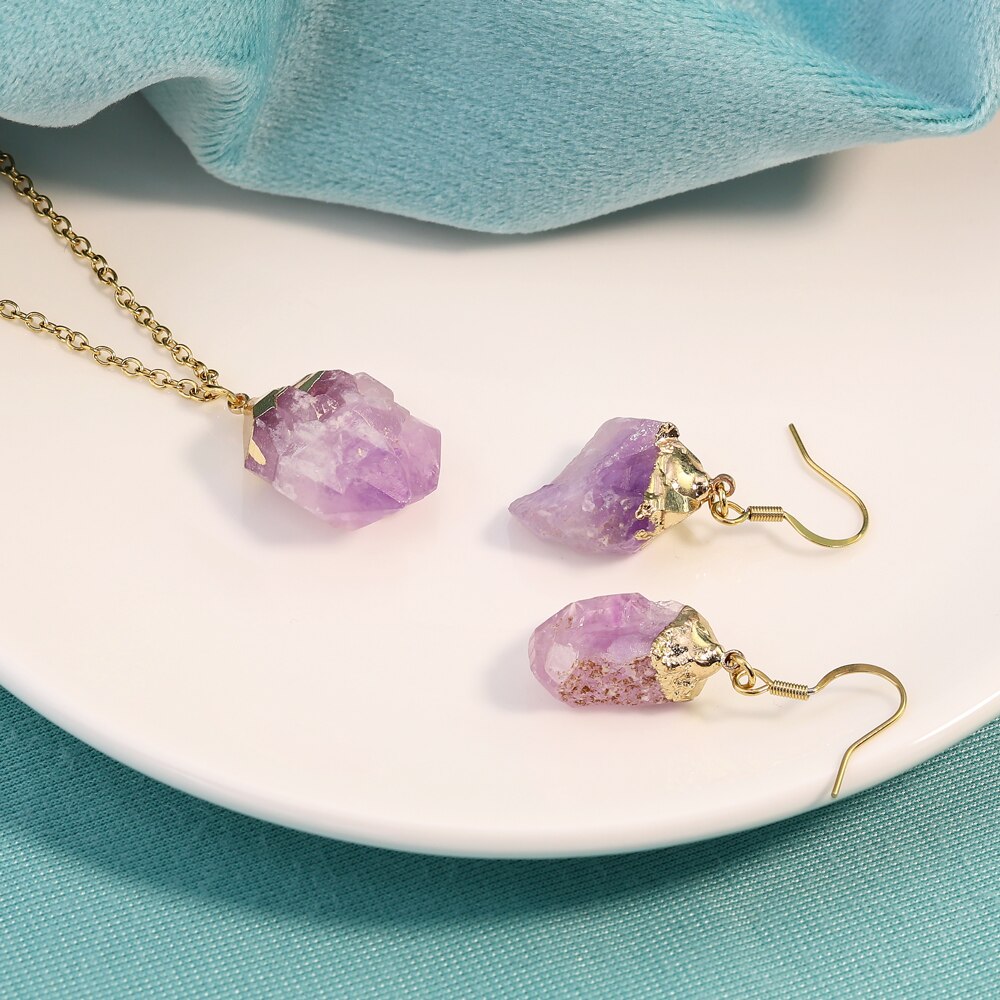 PolishedPlus Trendy Irregular Raw Earring Natural Crystal Amethysts Druzy Healing Point Earrings Quartz Jewelry Necklace