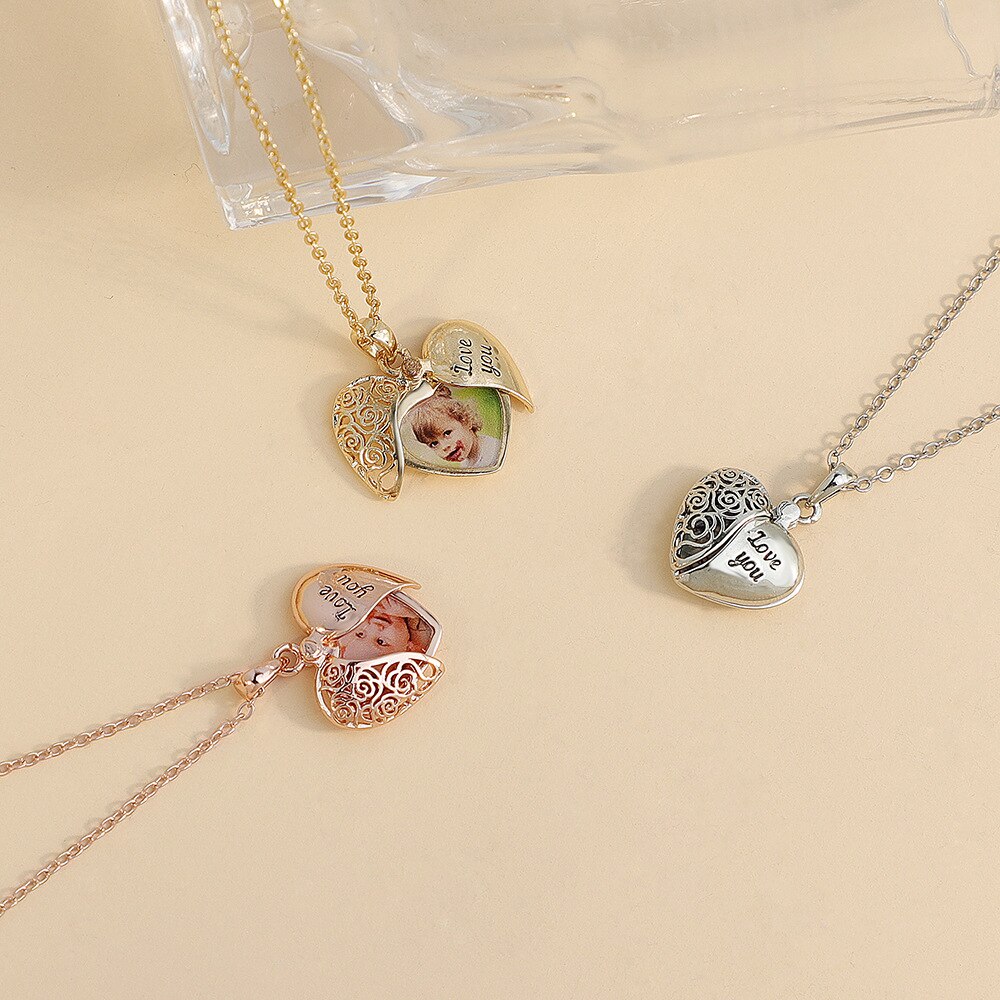 PolishedPlus Personalize Custom Photo Heart Shape Open Locket Hollow Charm Pendant Necklace Clavicle Chain Women Jewelry