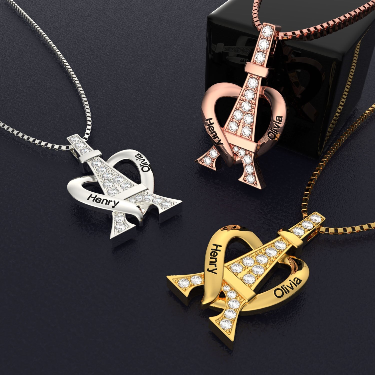 PolishedPlus Personalized Custom Name Pendants Crystal Paris Eiffel Tower Lovers Necklace Women Men Lover Christmas Gift Jewelry
