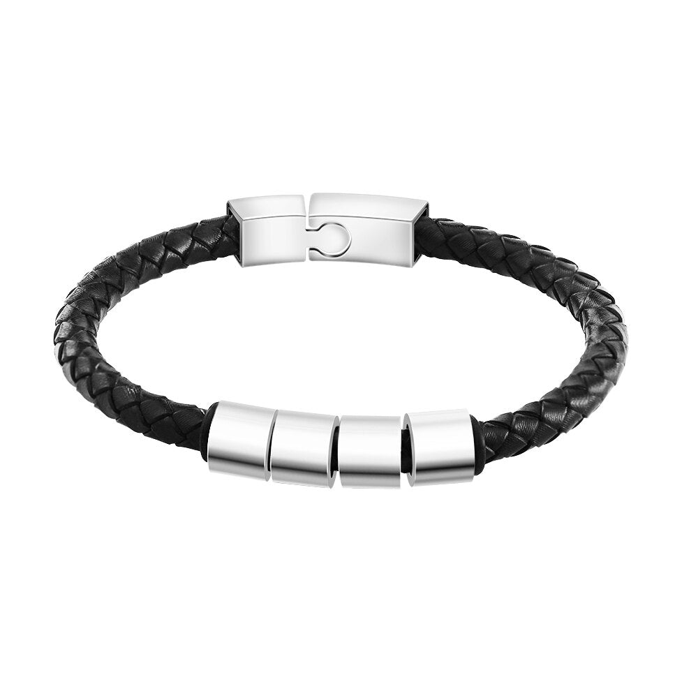 PolishedPlus Personalized Customize Family Name Bracelets Black Braided Leather Stainless Steel Beads Bangle For Men Fathers