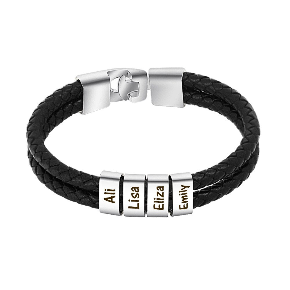 PolishedPlus Personalized Engraved Family Name Beads Bracelets Black Braided Leather Stainless Steel Bracelets For Men Fathers