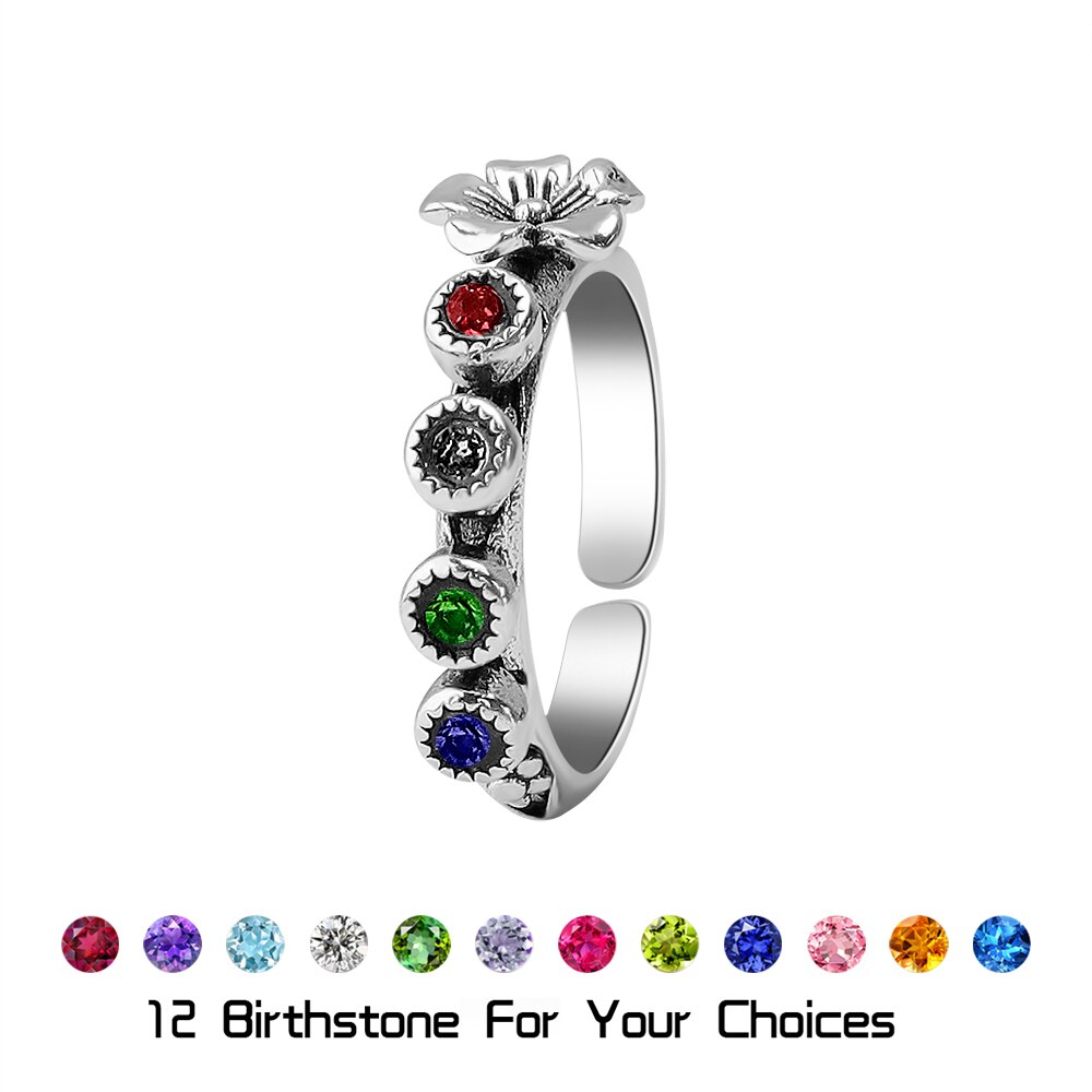 PolishedPlus Personalized Flower Rings for Women Customized 4 Birthstones Silver-plated Vintage Elegant Open Ring Gift for Mom