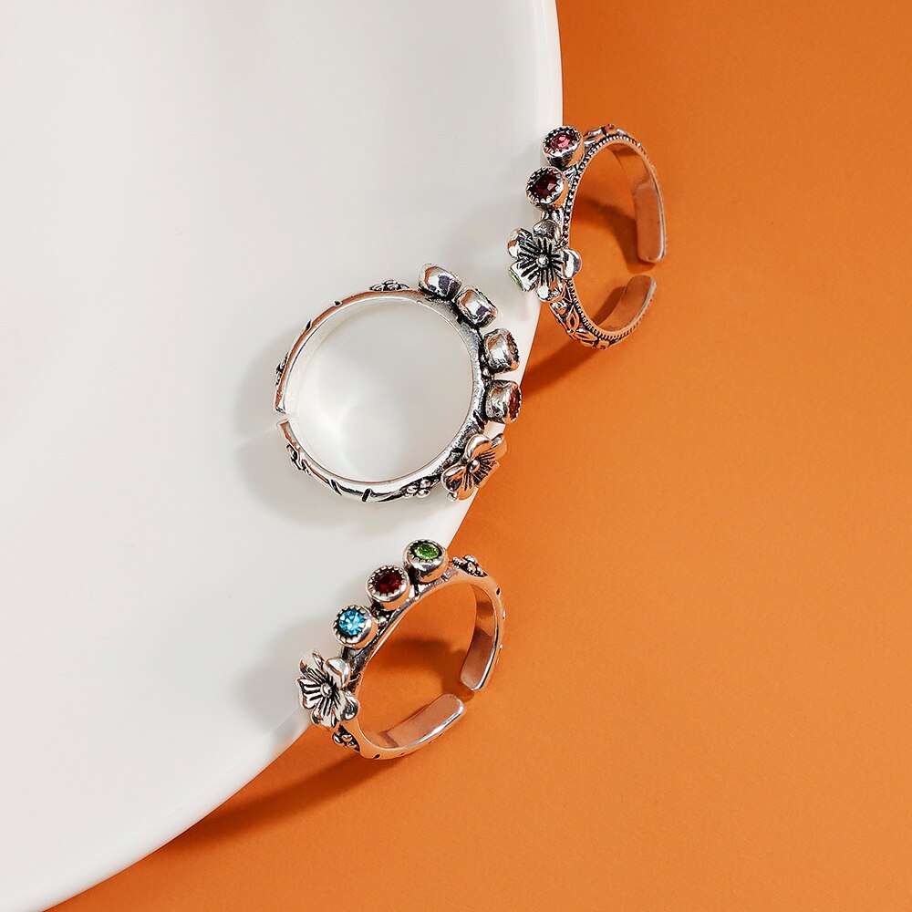 PolishedPlus Personalized Flower Rings for Women Customized 4 Birthstones Silver-plated Vintage Elegant Open Ring Gift for Mom