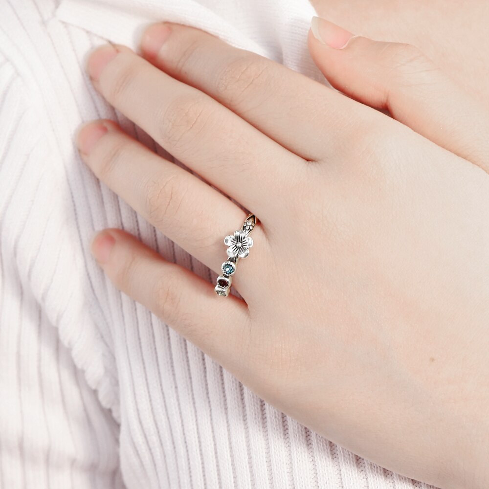 PolishedPlus Personalized Flower Rings for Women Customized 4 Birthstones Silver-plated Vintage Elegant Open Ring Gift for Mom