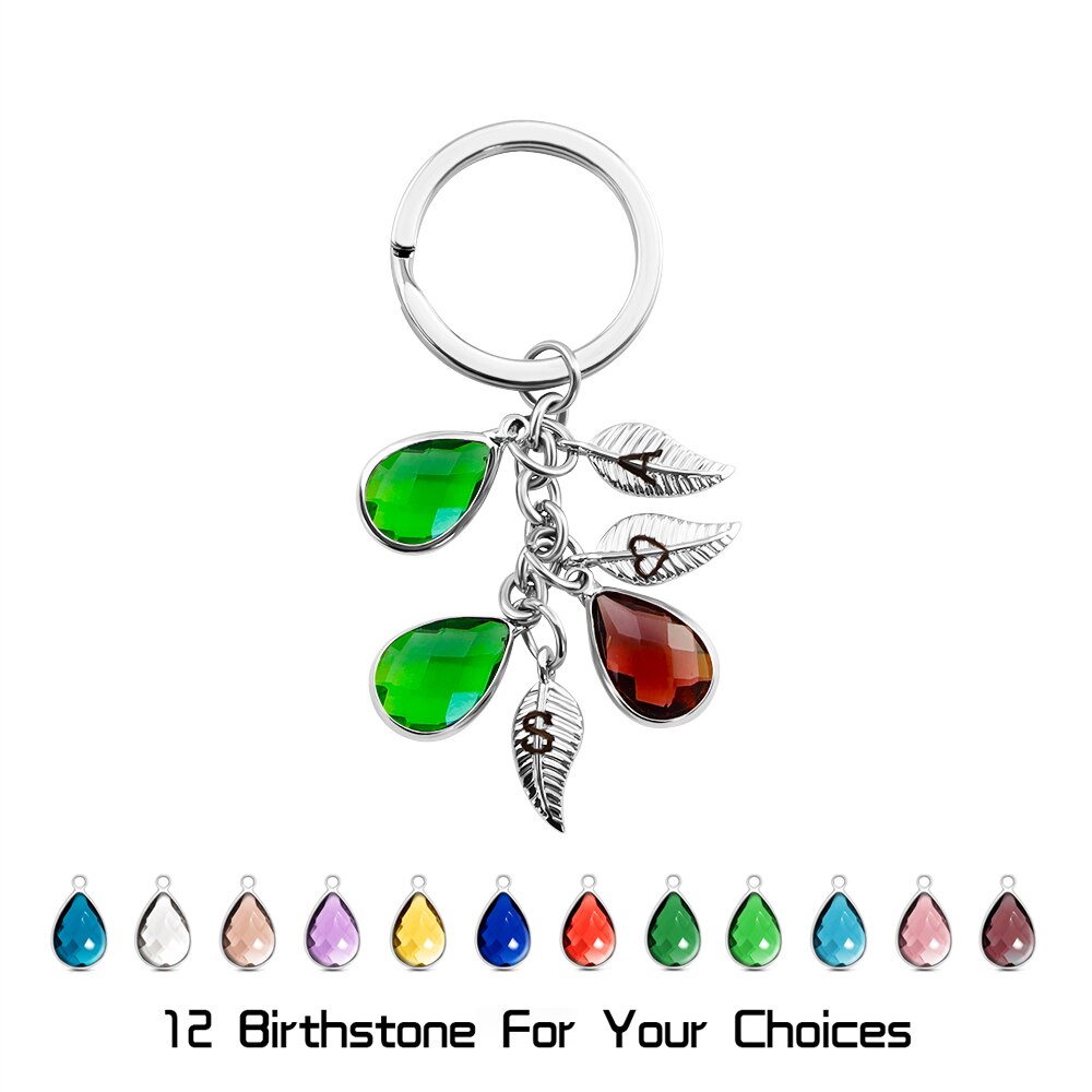 PolishedPlus Personalized Keychain Initial Name With Birthstone Waterdrop Leaf Pendants Free Engraving For Women Mom Friends