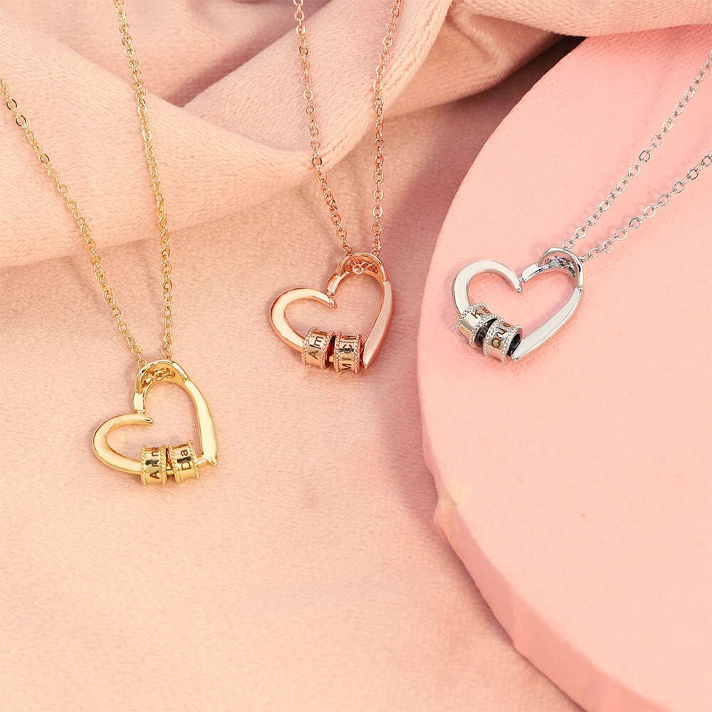 PolishedPlus Personalized Love Heart Shape Pendant Necklace Custom Name Beads For Women Mom Jewelry Christmas Mother's Day Gift
