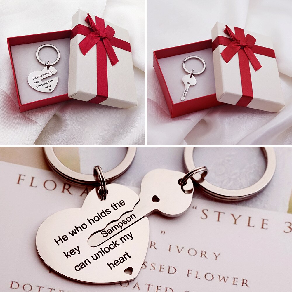 PolishedPlus Romantic Lovers Souvenirs Jewelry Gift Custom Name Couple My Heart Lock Keyring Key Fob Creative Gifts