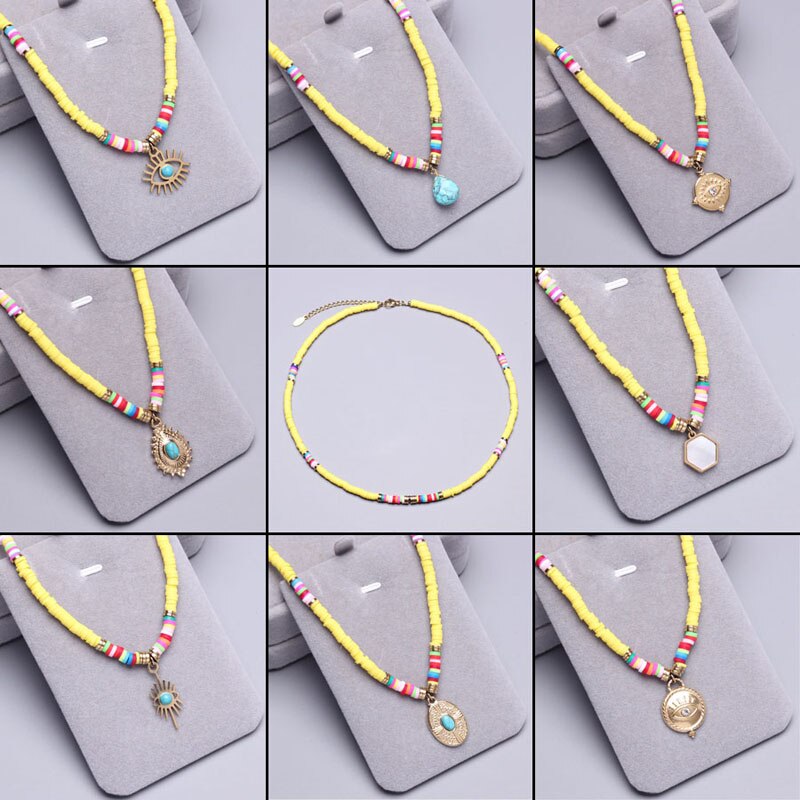 Polymer Clay beads Chain Bohemian Necklace Soft Pottery Choker stainless steel Golden Pendant Colorful Handmade for Women Gift