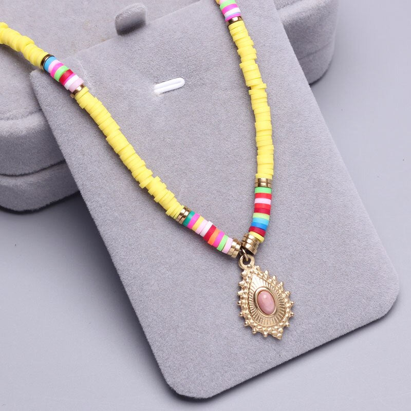Polymer Clay beads Chain Bohemian Necklace Soft Pottery Choker stainless steel Golden Pendant Colorful Handmade for Women Gift