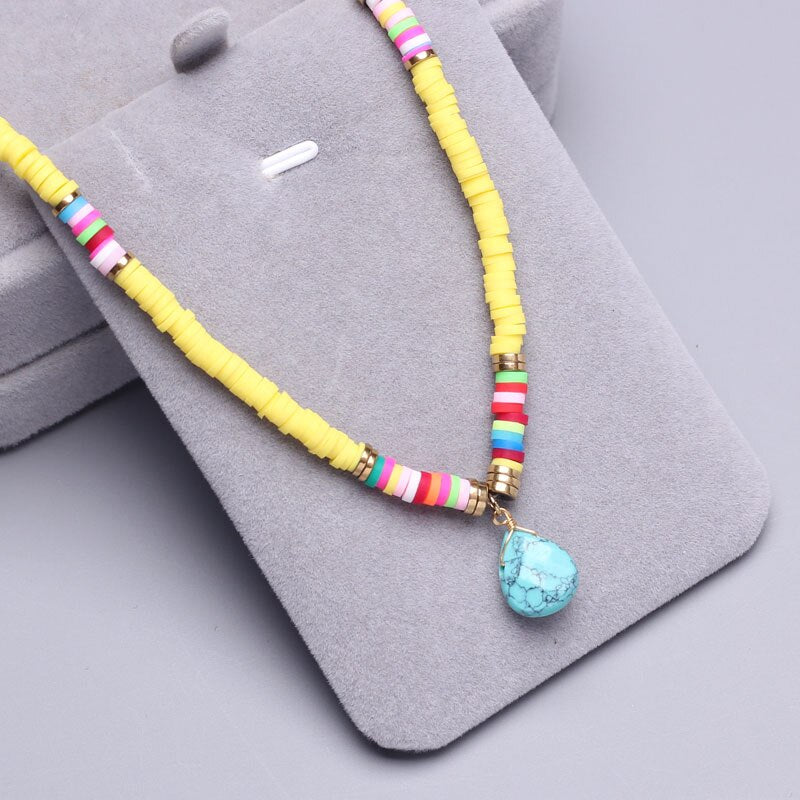 Polymer Clay beads Chain Bohemian Necklace Soft Pottery Choker stainless steel Golden Pendant Colorful Handmade for Women Gift
