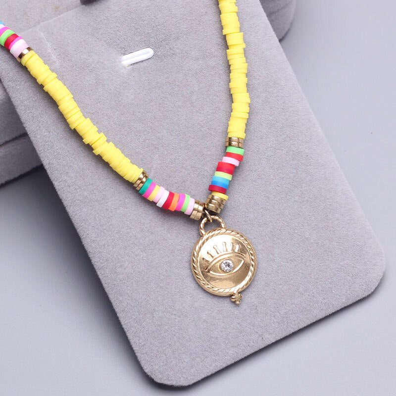 Polymer Clay beads Chain Bohemian Necklace Soft Pottery Choker stainless steel Golden Pendant Colorful Handmade for Women Gift