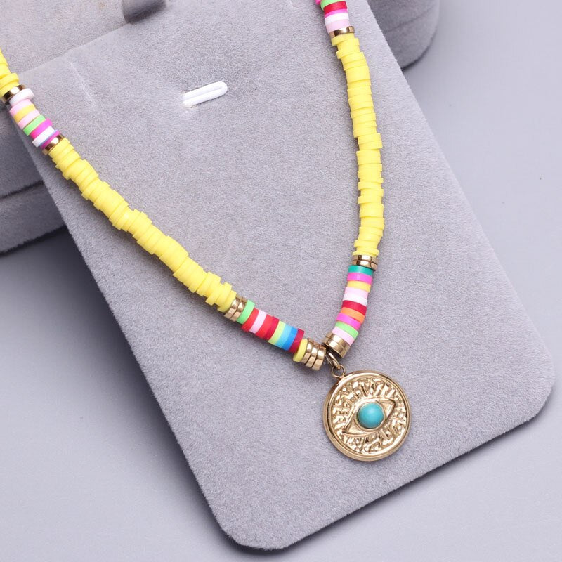 Polymer Clay beads Chain Bohemian Necklace Soft Pottery Choker stainless steel Golden Pendant Colorful Handmade for Women Gift