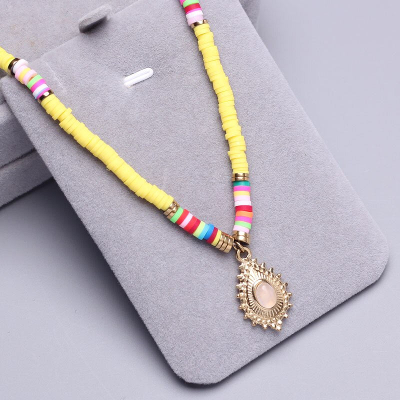 Polymer Clay beads Chain Bohemian Necklace Soft Pottery Choker stainless steel Golden Pendant Colorful Handmade for Women Gift