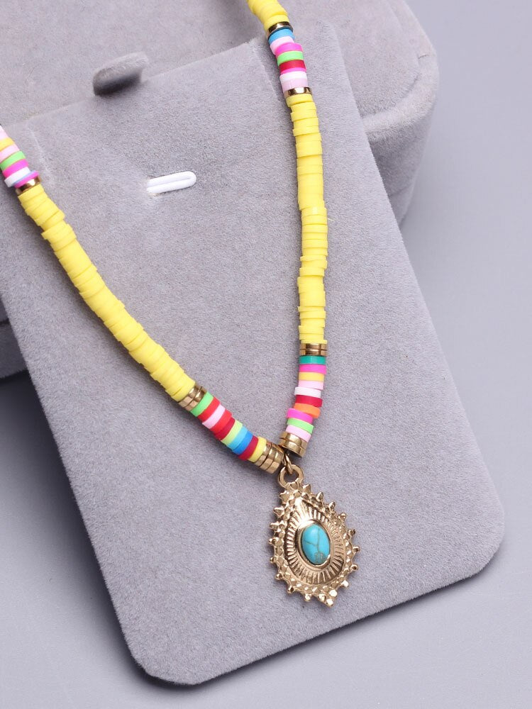 Polymer Clay beads Chain Bohemian Necklace Soft Pottery Choker stainless steel Golden Pendant Colorful Handmade for Women Gift