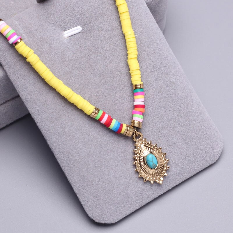 Polymer Clay beads Chain Bohemian Necklace Soft Pottery Choker stainless steel Golden Pendant Colorful Handmade for Women Gift