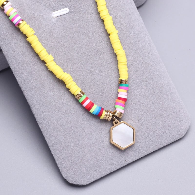 Polymer Clay beads Chain Bohemian Necklace Soft Pottery Choker stainless steel Golden Pendant Colorful Handmade for Women Gift