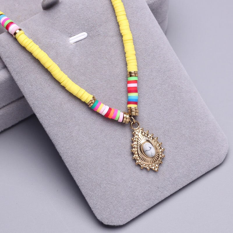Polymer Clay beads Chain Bohemian Necklace Soft Pottery Choker stainless steel Golden Pendant Colorful Handmade for Women Gift