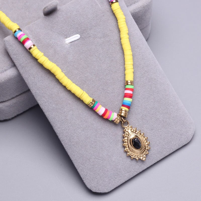 Polymer Clay beads Chain Bohemian Necklace Soft Pottery Choker stainless steel Golden Pendant Colorful Handmade for Women Gift