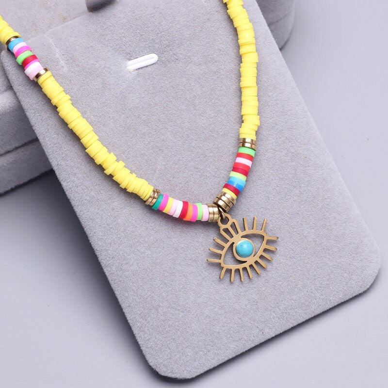 Polymer Clay beads Chain Bohemian Necklace Soft Pottery Choker stainless steel Golden Pendant Colorful Handmade for Women Gift