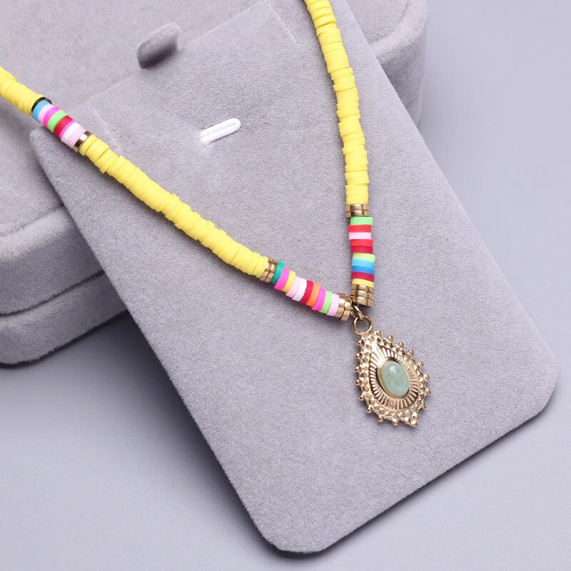 Polymer Clay beads Chain Bohemian Necklace Soft Pottery Choker stainless steel Golden Pendant Colorful Handmade for Women Gift