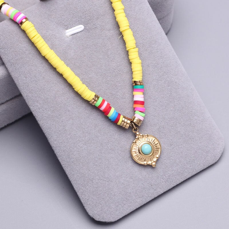 Polymer Clay beads Chain Bohemian Necklace Soft Pottery Choker stainless steel Golden Pendant Colorful Handmade for Women Gift