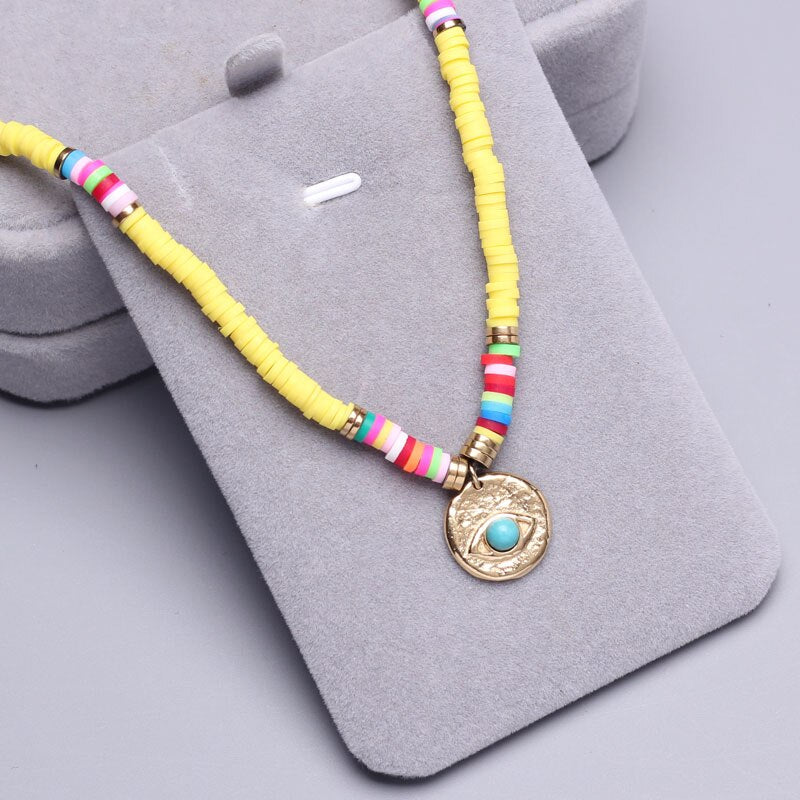 Polymer Clay beads Chain Bohemian Necklace Soft Pottery Choker stainless steel Golden Pendant Colorful Handmade for Women Gift