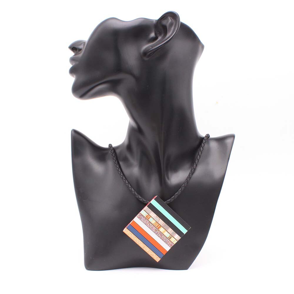 Popular Black Woven Leather Necklace Multicolor Splicing Manual Square Pendant Fashionable Magnet Buckle Jewelry Sale