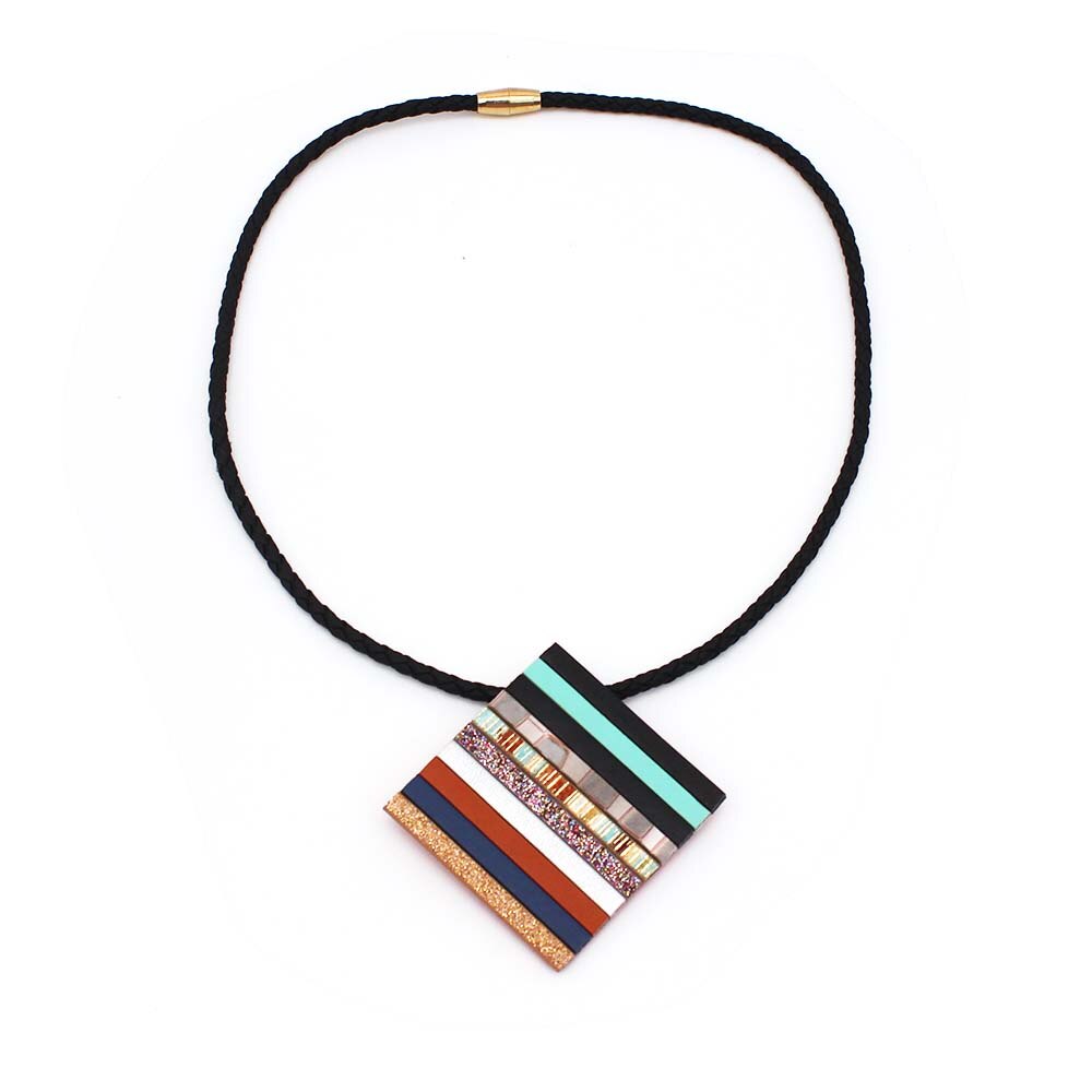 Popular Black Woven Leather Necklace Multicolor Splicing Manual Square Pendant Fashionable Magnet Buckle Jewelry Sale