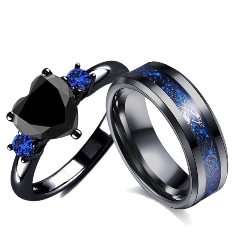 Popular Couple Romantic Couple Ring  Jewelry Anniversary Wedding Black Heart Cubic Zirconia Ring Set Lover Gift