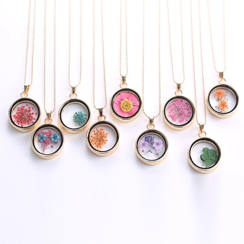 Popular Dried Flower Necklaces Korean Womens Long Gold Beads Chain Colorful Round Pendant Necklace Jewelry For Girls