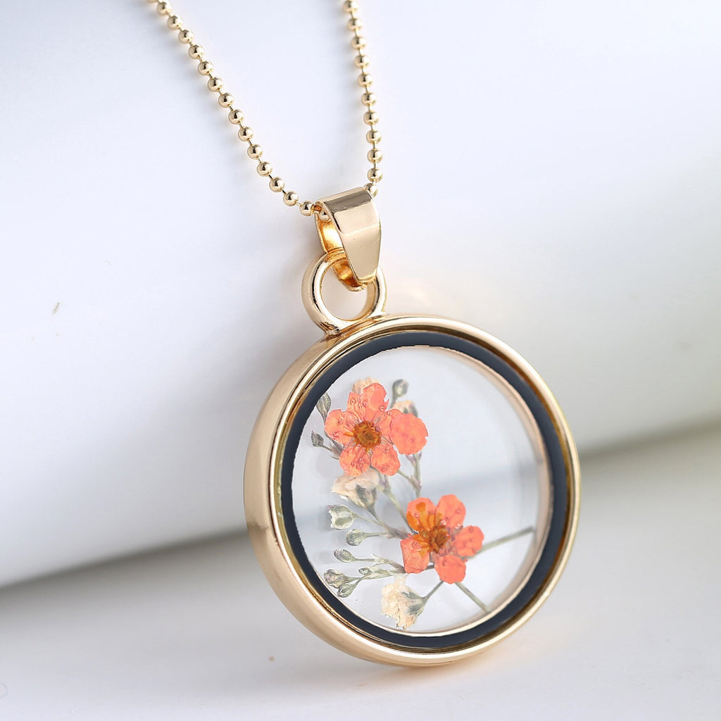 Popular Dried Flower Necklaces Korean Womens Long Gold Beads Chain Colorful Round Pendant Necklace Jewelry For Girls